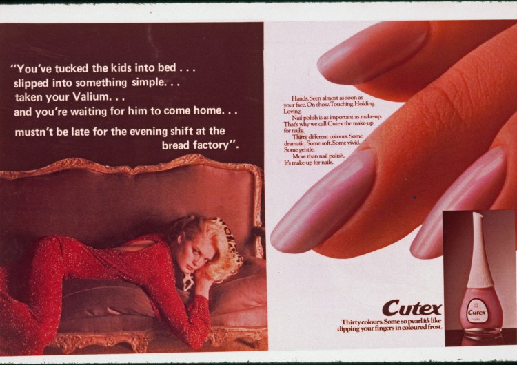 Cutex photomontage by the Hackney Flashers. A 1970s luxurious beauty advert for nail polish is juxtaposed with text about the stress of a woman's life. The text reads "You've tucked the kids into bed... slipped into something simple... taken your Valium.. and you're waiting for him to come home... mustn't be late for the evening shift at the bread factory".