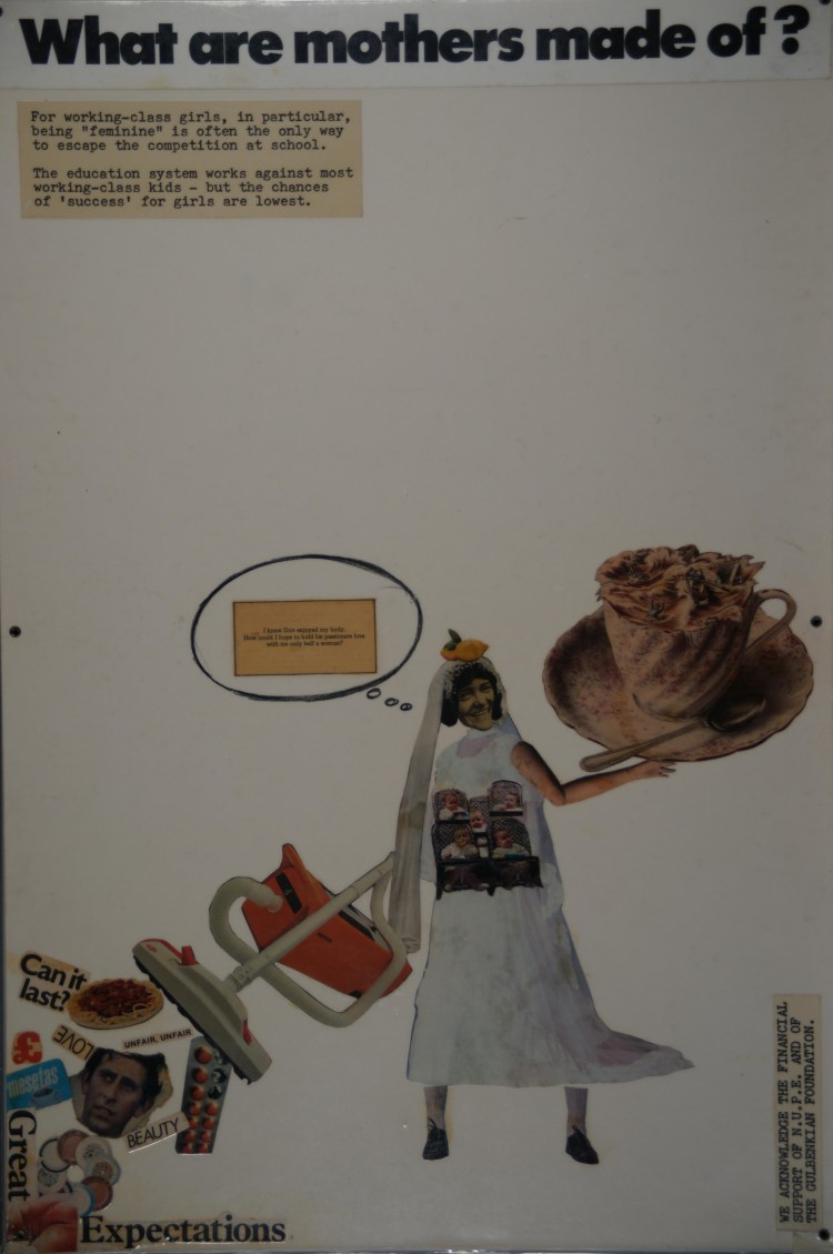 Panel reads "What are mothers made of" a photomontage shows a woman in a wedding dress holding a vacuum cleaner and a large cup and saucer.