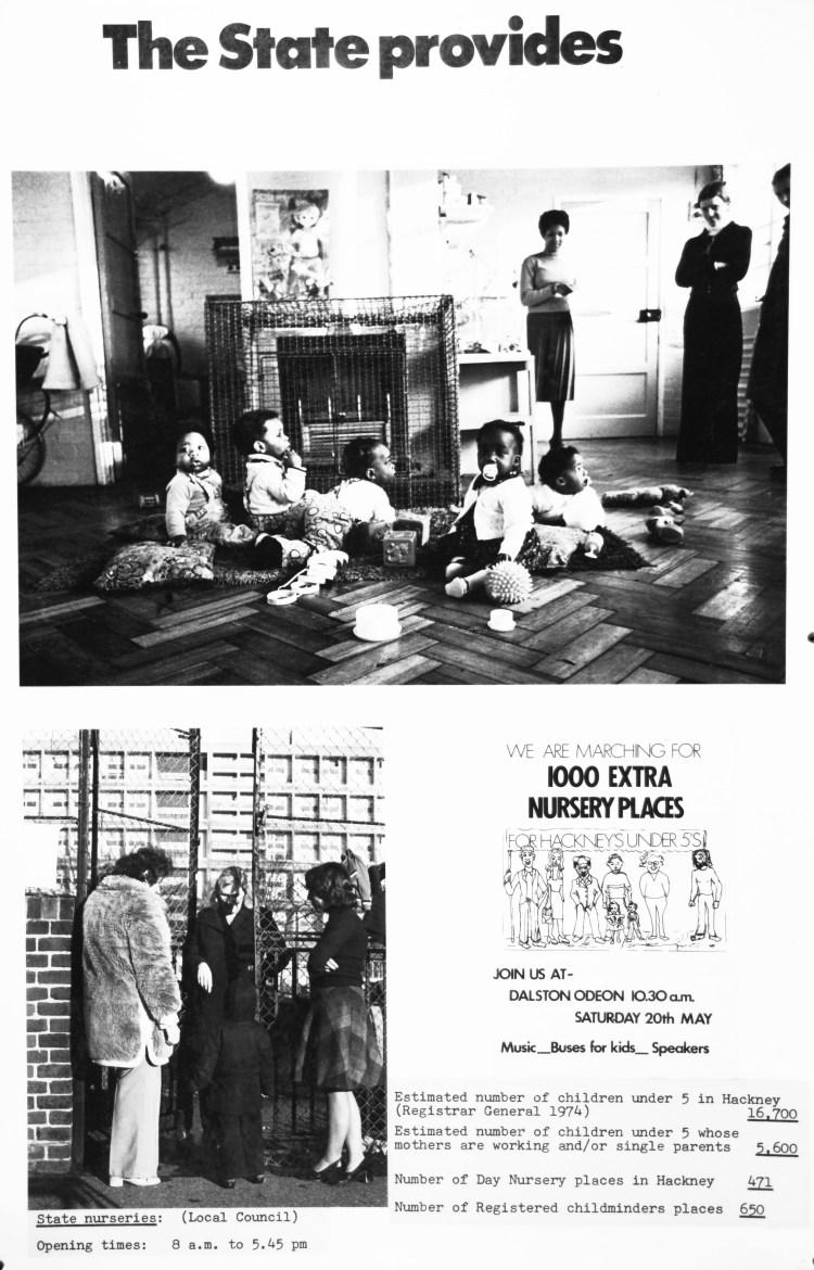 Panel with heading "The State provides" shows images of state nurseries and a flyer reading "We are marching for 1000 extra nursery places"