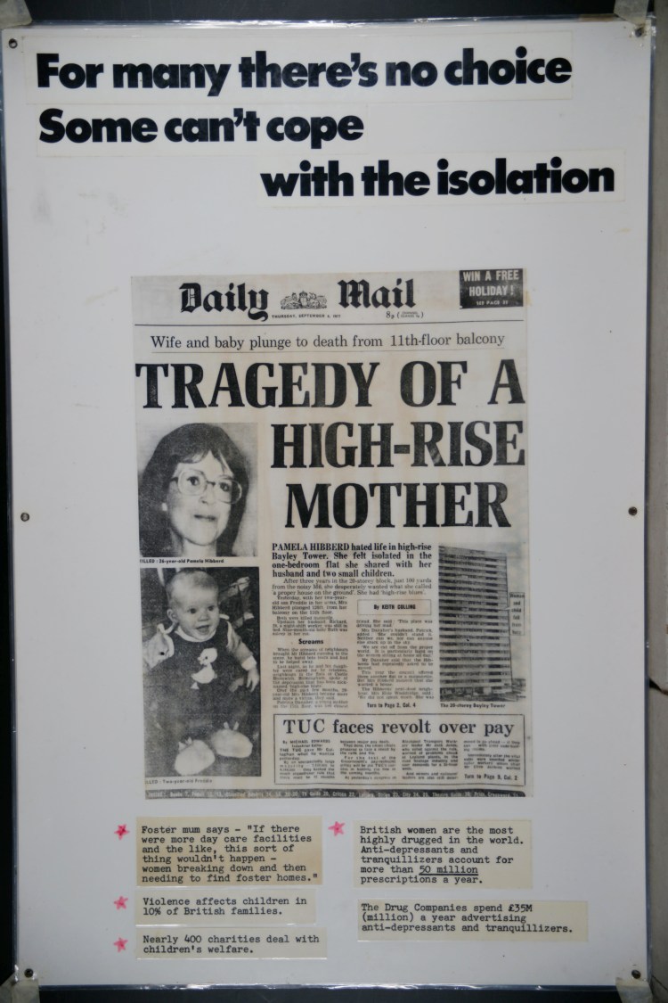 Panel reads "For many there's no choice. Some can't cope with the isolation." A Daily Mail front page reads "Tragedy of a High Rise Mother".