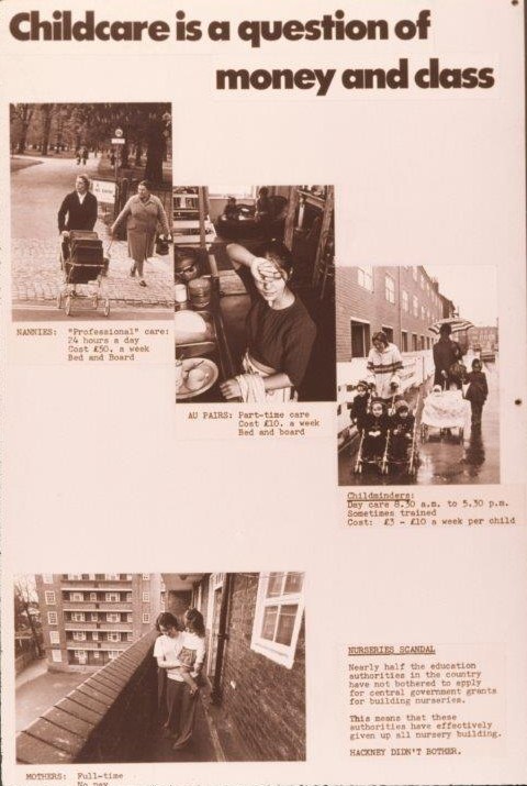 Panel reads "Childcare is a question of money and class" and shows images of working class women caring for children, compared to professional nannies looking after the children of wealthier families.