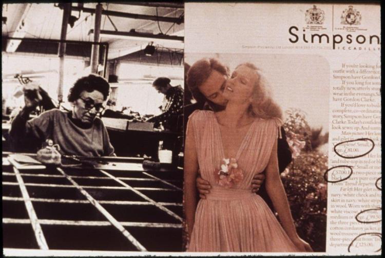 Montage juxtaposing glamorous clothing brand advertising with the factory conditions where the dress shown was made