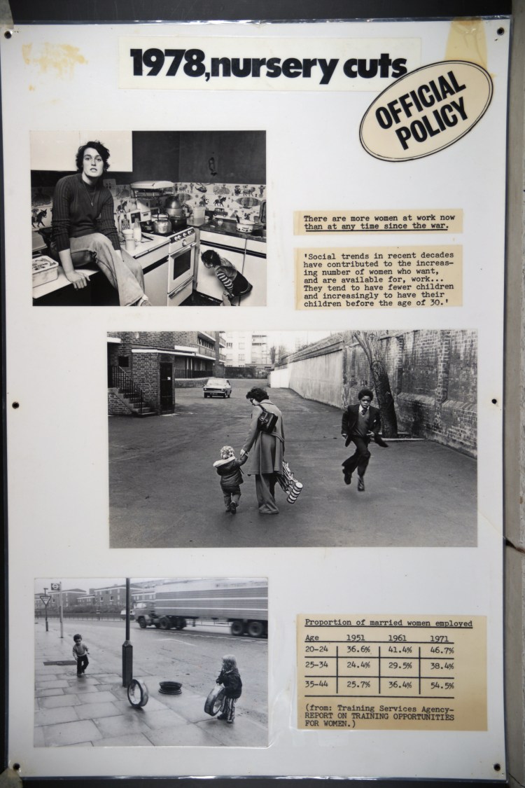 Panel reads "1978, nursery cuts" and shows images of a woman at home with a child, walking with a child and children playing with tyres on the street. Further text provides statistics on cuts.