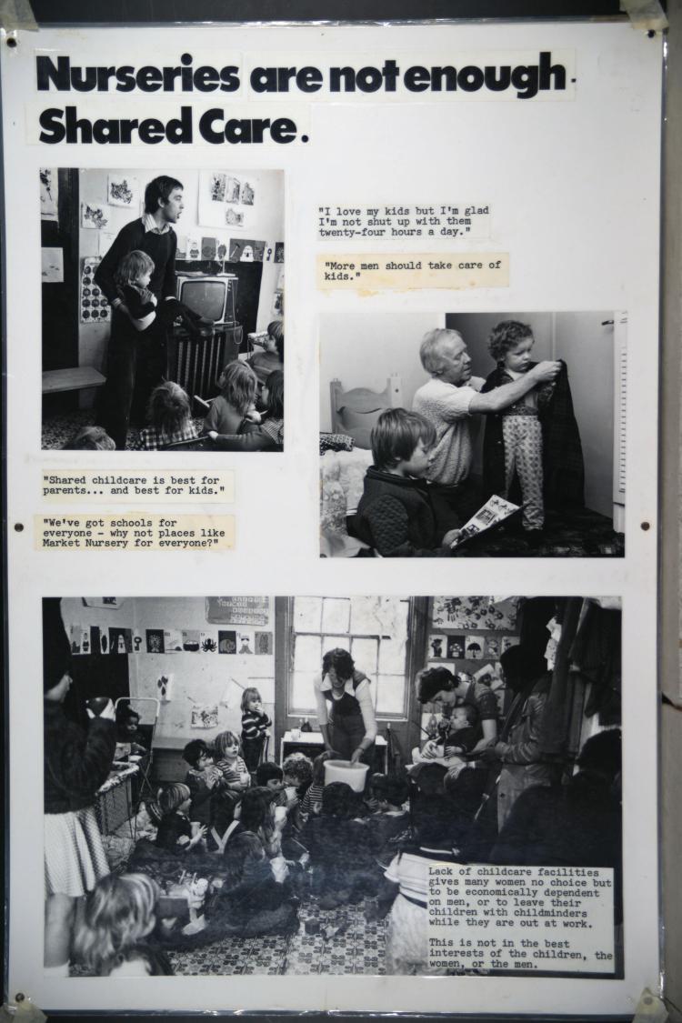 Panel reads "Nurseries are not enough. Shared care." and shows images of men involved in childcare.