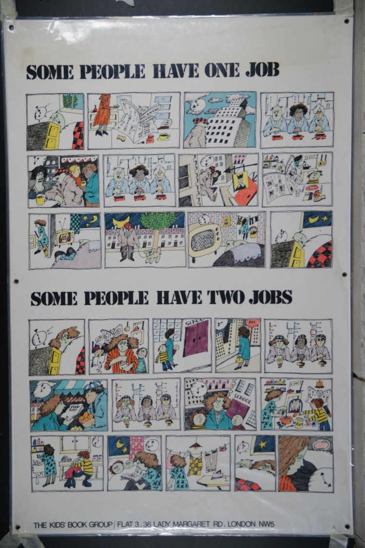 Panel reads "Some people have one job, some people have two jobs". Cartoon panels show the work women do in and out of the home.