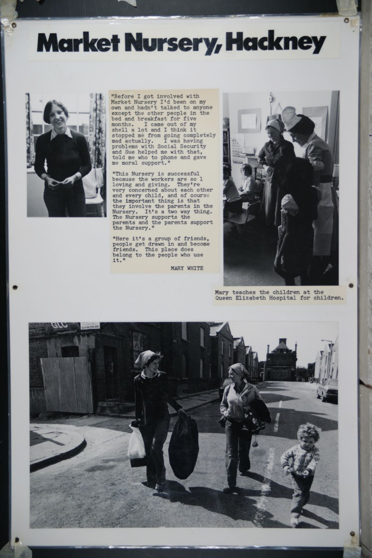 Panel reads "Market Nursery, Hackney" and shows images and text about the nursery.