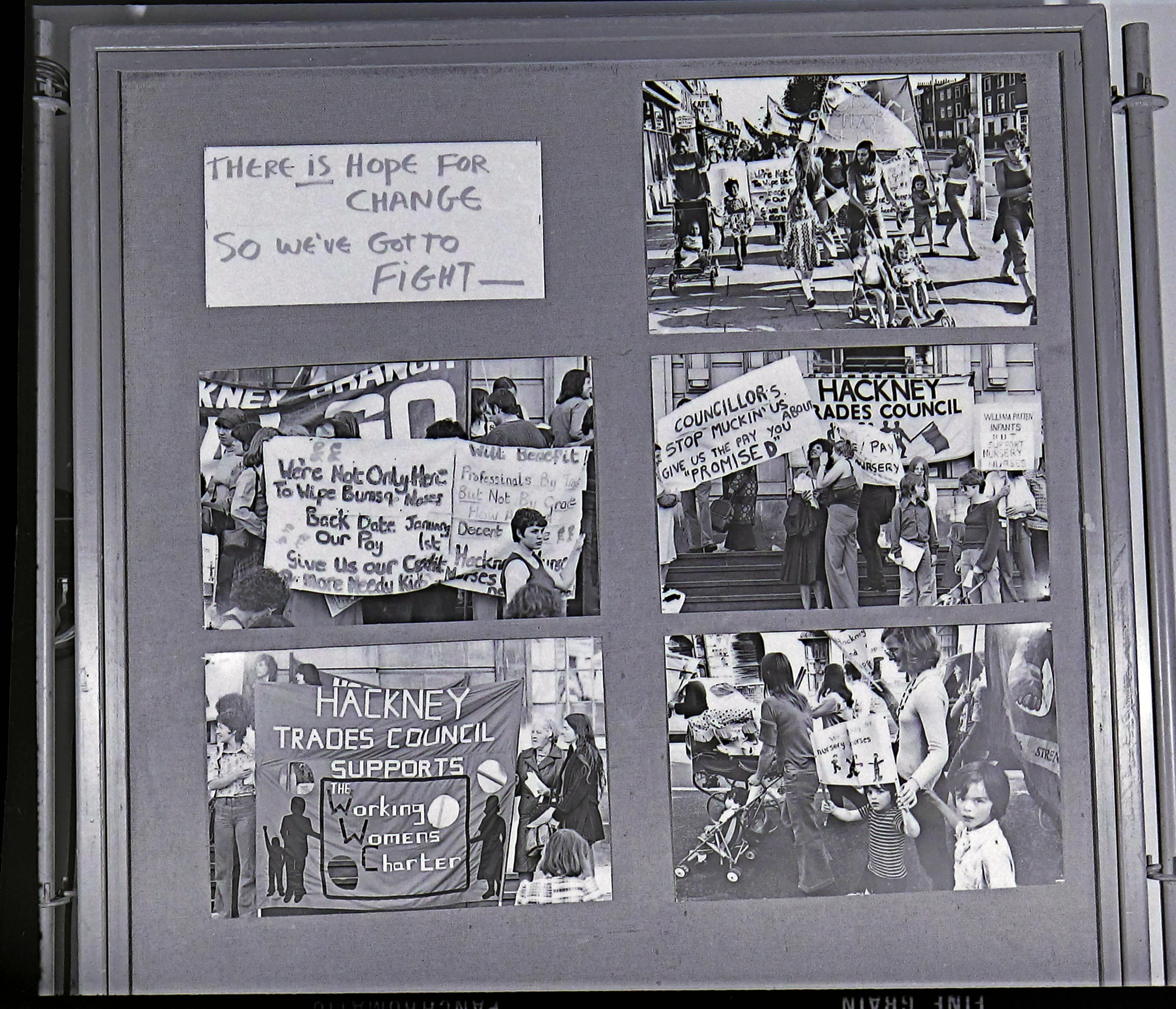 ‘Women and Work’ 1975 ©Hackney Flashers Panel from ‘Women and Work’ 1975 shows photos of women protesting for nursery provision.