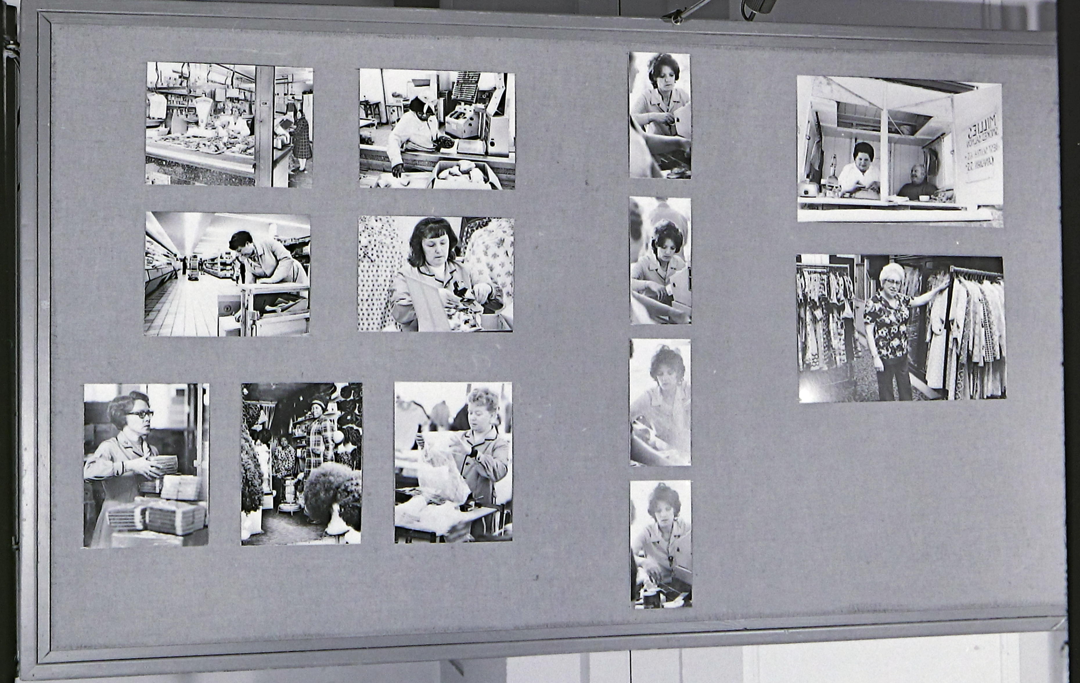 ‘Women and Work’ 1975 ©Hackney Flashers Panel from ‘Women and Work’ 1975 shows photos of women working in shops.