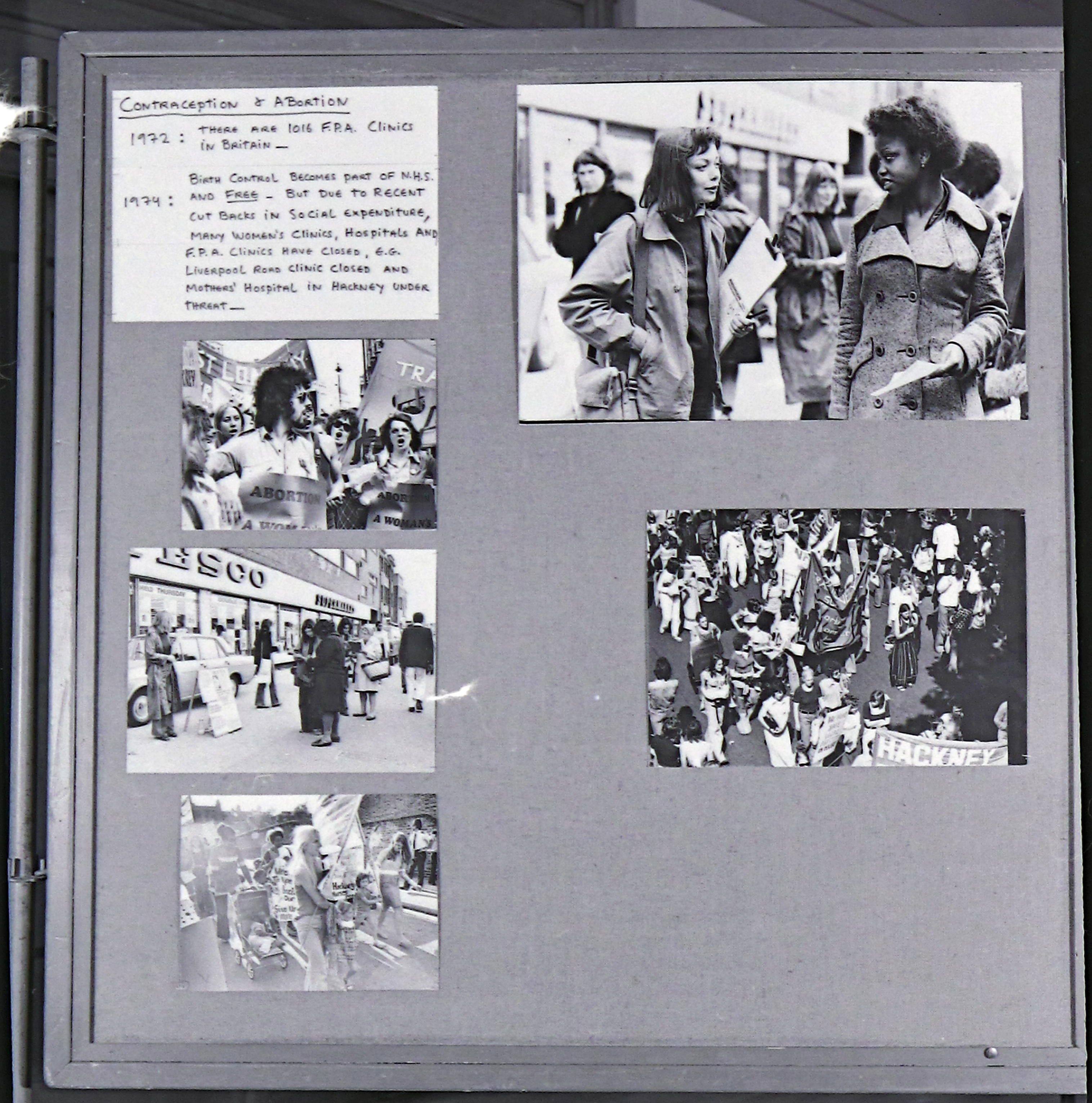 ‘Women and Work’ 1975 ©Hackney Flashers Panel from ‘Women and Work’ 1975 shows images and information about campaigns for contraception and abortion freedom of choice.