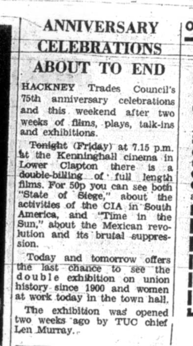 Coverage of 'Women and Work' in the Hackney Gazette in 1975. The clipping headline reads "Anniversary celebrations about to end".