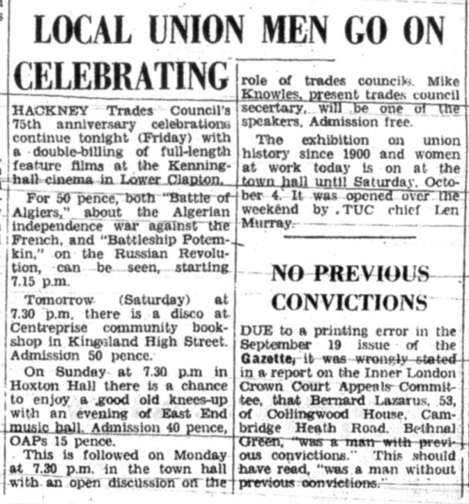 Coverage of 'Women and Work', in the Hackney Gazette in September 1975. Ironically the headline reads "Local Union Men Go on Celebrating" in it's coverage of the Hackney Trades Council 75th anniversary events. It also mentions the Hackney Flashers "Women and Work" exhibit.