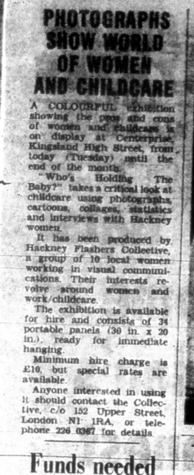 Coverage of 'Who's Holding the Baby?' in the Hackney Gazette, September 1978. The headline reads "Photographs show world of women and childcare". The clipping describes the first showing of "Who's Holding the Baby".