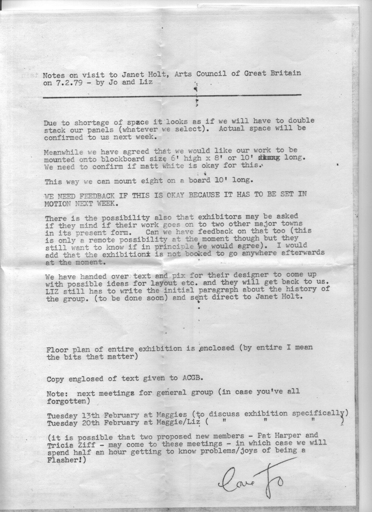 Typed up notes on meetings with the Art Council note that due to shortage of space panels will be double stacked.